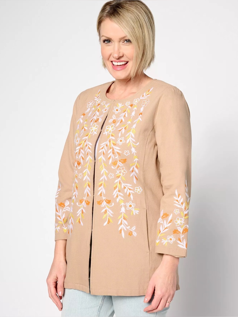 NWOT Susan Graver Embroidered Cotton Linen Topper Jacket Taupe Size XL Rare
